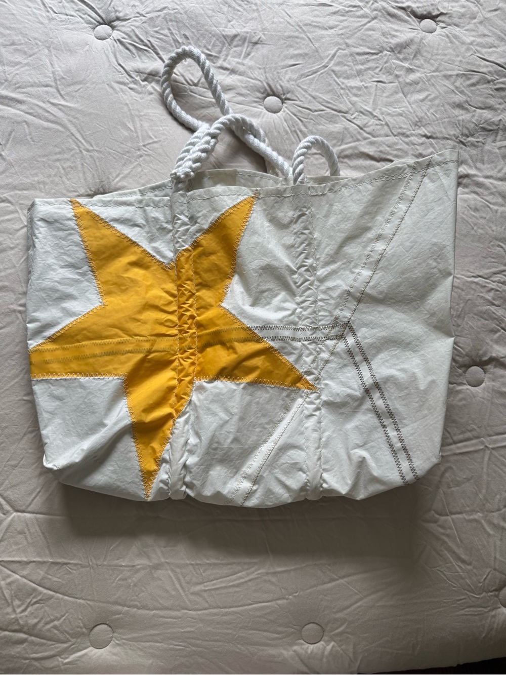 White Tote Bag with Yellow Star Accent - Recycled Sail by Sea Bags